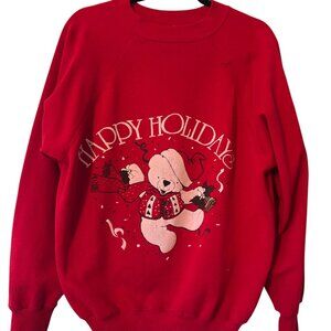 Vintage Ultra Sweats Red Holiday Sweatshirt With Bear Graphic & "Happy Holidays"